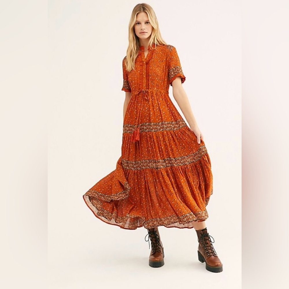 Free People Rare Feeling Printed Maxi Dress XS Tiered Boho Orange Red Pop